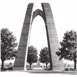 black and white photograph of two tall stone arches