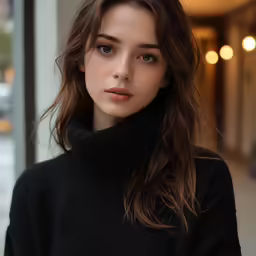 a woman with brown hair, black sweater and black turtleneck