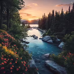 beautiful sunset over river and mountain stream surrounded by woods