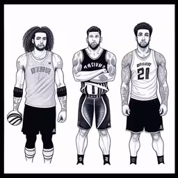 three basketball players in black and white uniforms,three basketball players are posing in their uniforms,three men standing side by side in basketball uniforms,three basketball players standing in the middle of a line,three men wearing basketball uniforms one is a basketball and the other is a football