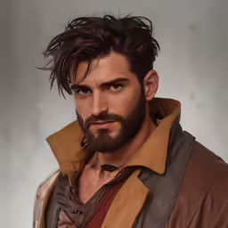 a man with a goatee and brown jacket on