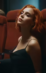 a young woman with bright red hair and black dress in a theater seat