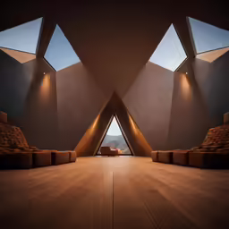 an empty cinema scene with a chair and benches