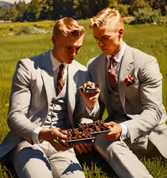 two young men in suits sit together with food,two men sitting in a field wearing suits