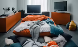 a large bed with a blanket and pillows next to a large window
