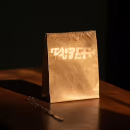 a paper bag on a wooden table with a chain