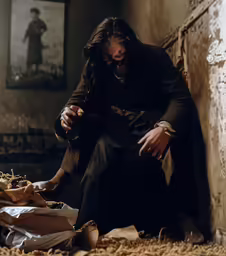 man with long hair sitting on floor next to wooden basket