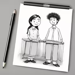 a pen drawing of two people standing next to a desk