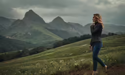 a young lady in jeans and black jacket walking up the mountain