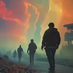 a group of people walking down a street with clouds
