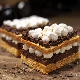 a three layered dessert sitting on top of a wooden table