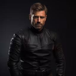 a man wearing leather poses for a photo,a bearded man in black leather is posing