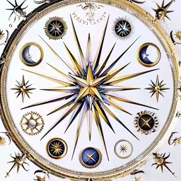 a clock that has various clocks around it,an artistic, decorative clock showing all the different sun and moon faces