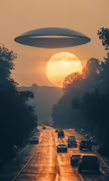 a picture taken at dusk of an alien flying above cars