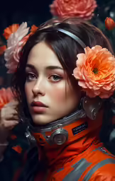 a woman wearing an orange top with flowers in her hair