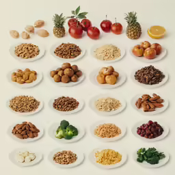 a display of various nuts and fruits on plates