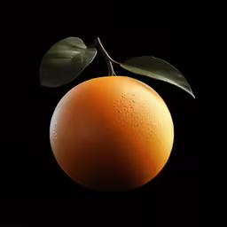 an orange with leaves on a black background