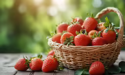there is a wicker basket filled with strawberries