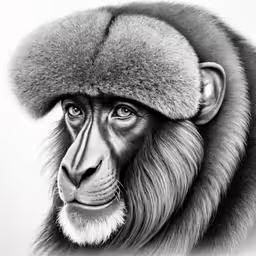 a black and white drawing of a lion wearing a hat
