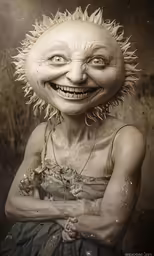 a woman is dressed in creepy clothes with her eyes wide open