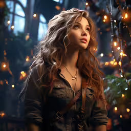 a woman with brown hair wearing a black dress and large earring necklace,a girl standing in a room with lights on it