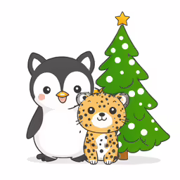 a penguin and a cheetah hugging by a christmas tree