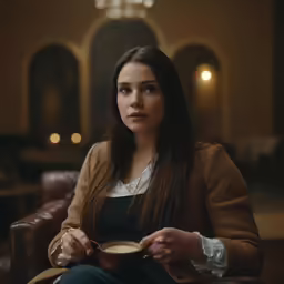 a woman sits on a brown chair with a cup of coffee
