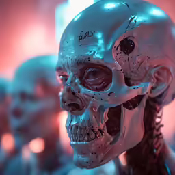 a white skeleton face in front of a neon red background