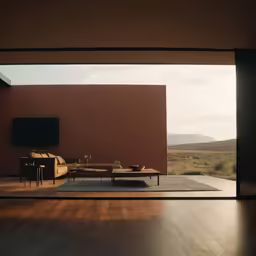 the living room has a view of the desert from its window