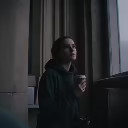 a young woman holding onto a coffee cup