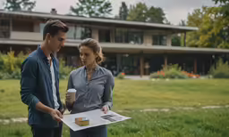 a couple talking and reading a newspaper in front of an apartment building