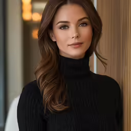a young woman with brown hair and black top standing next to a wooden wall