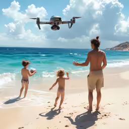a man and two kids playing on a beach while flying an airplane