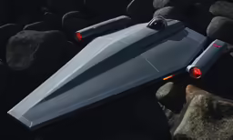 the futuristic model is on the ground next to rocks