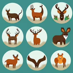 the nine different animals in different shapes and sizes,a variety of animals stand in the grass,a group of different animals that are standing together,there are six different deers and one bird,some kind of picture of deers and birds in the grass