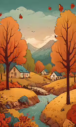 an illustrated fall scene with a house near a stream,a view of a fall scene with an autumn river and houses