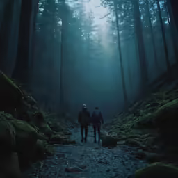 two people walk down a trail in a green forest