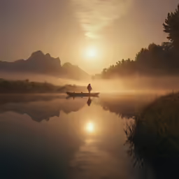 a man in a canoe on a misty lake