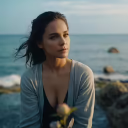 a woman holding a rose in front of the ocean