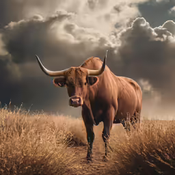 a bull standing in a grass field with dark clouds in the background