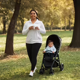a woman walking her dog in a stroller with a baby