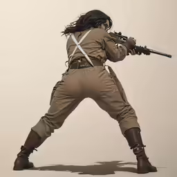 a woman with an army uniform holding a rifle and wearing full armor