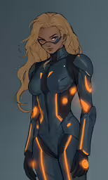 a woman in a black and orange suit with glowing lights on her chest