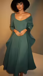an image of a woman that is standing up wearing a dress and hat