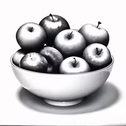black and white drawing of apples in a white bowl