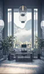 the large office has a big window, two chairs and a desk