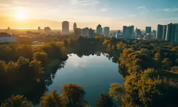 a city is surrounded by wooded land in the evening