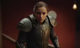 a woman in a black armor is wearing a silver necklace