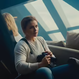 the young woman is holding a camera and sitting