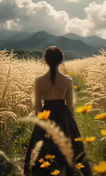 a woman stands in a field full of flowers